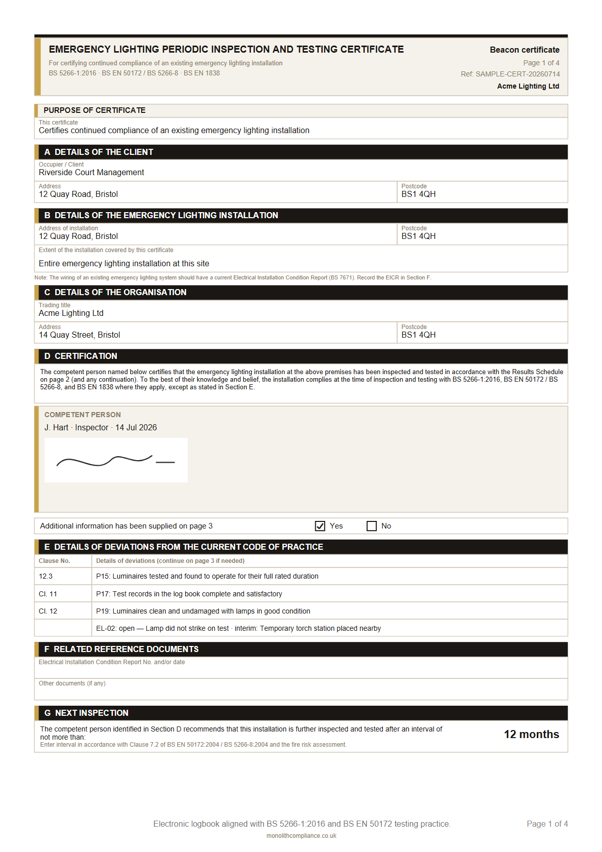 Sample Emergency Lighting Periodic Inspection and Testing Certificate, page 1