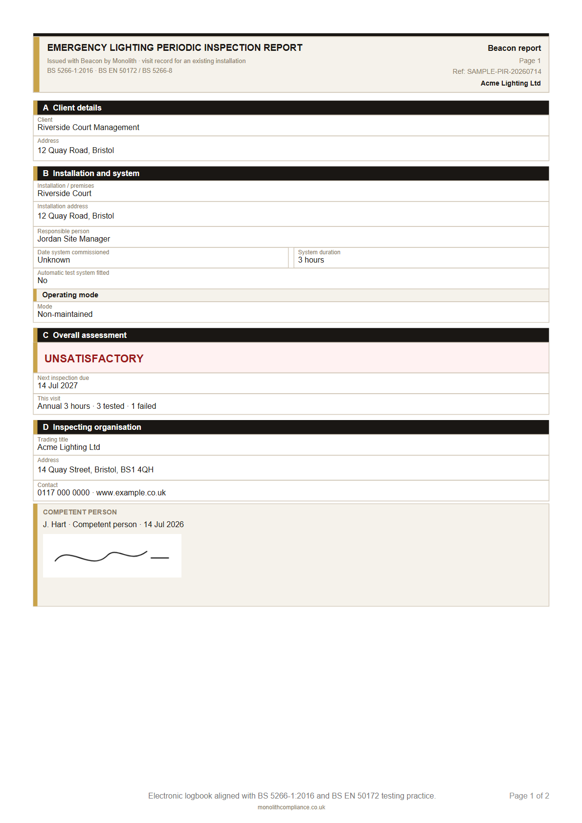Sample Emergency Lighting Periodic Inspection Report, page 1