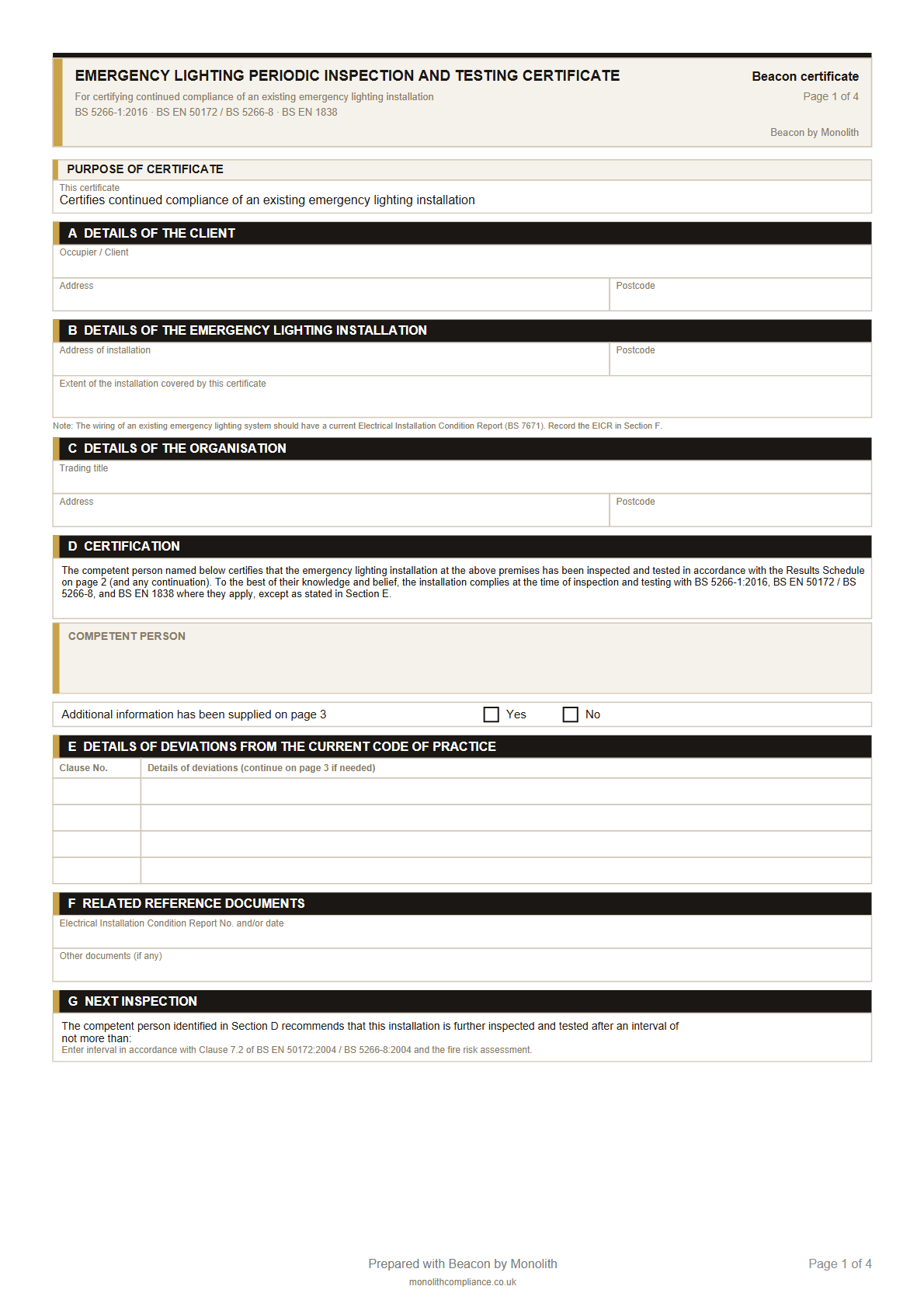 Preview of Emergency Lighting Periodic Inspection and Testing Certificate template